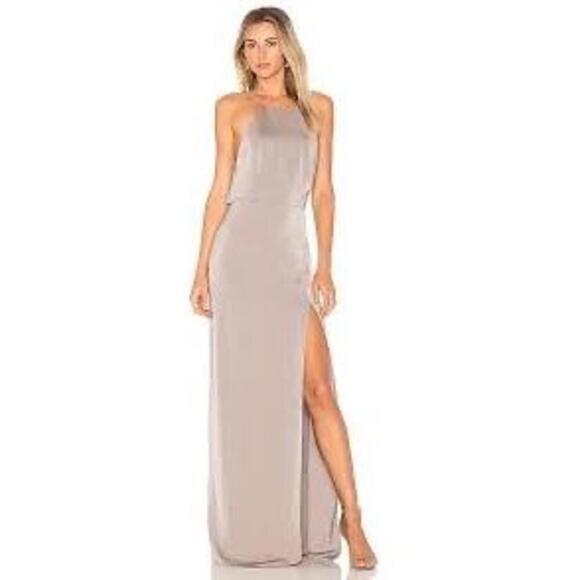 NWT Lovers Friends Dark Grey Satin Sheyla Gown Halter High Slit - Picture 1 of 6